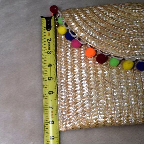 Straw Rainbow Pom Pom Wicker Clutch Purse Chain | Summer Vibes - Picture 4 of 8